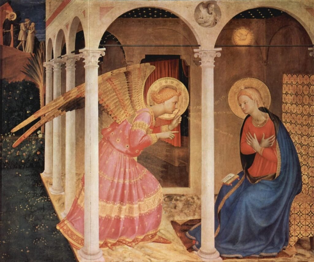 Painting: the angel Gabriel bows before Mary in a colonnade