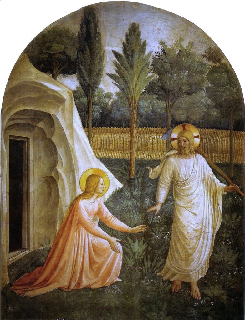 Fresco: Mary kneels in the garden before the risen Christ in a white robe