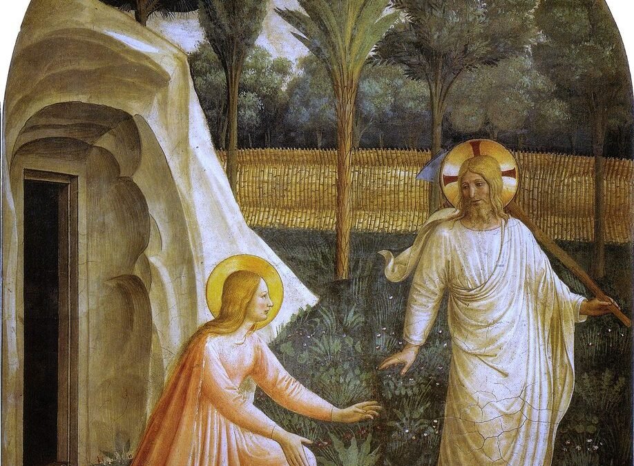Fresco: Mary kneels in the garden before the risen Christ in a white robe