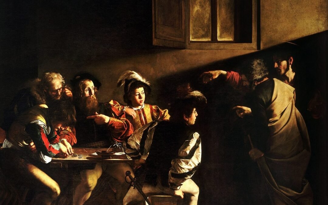 Painting: men at a tax table; from the right, Jesus points at Matthew