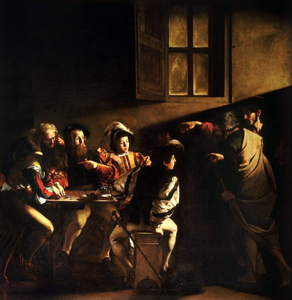 Painting: men at a tax table; from the right, Jesus points at Matthew