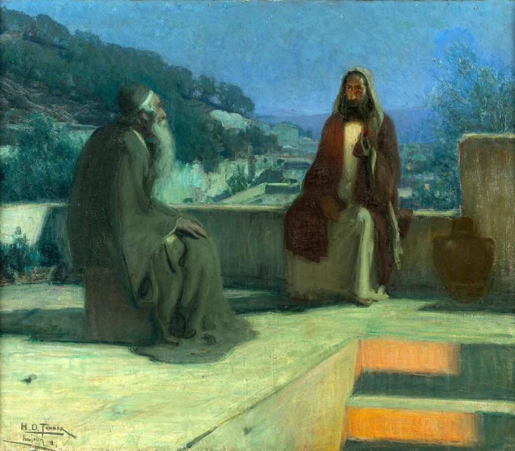 Painting: Jesus and Nicodemus sit on a flat roof at night