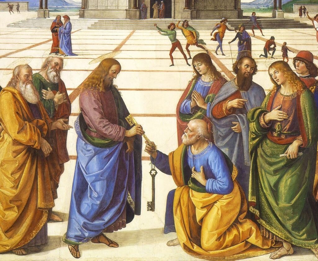 Fresco: Christ hands the keys to the kneeling Peter, the apostles standing around them