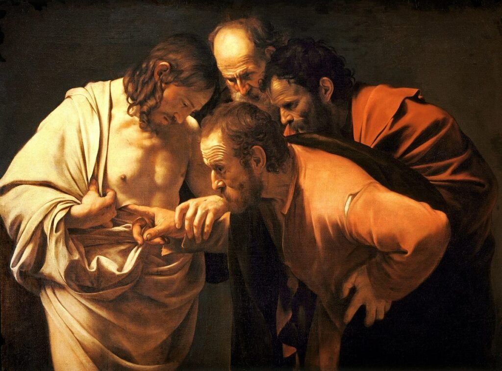 Painting: Jesus guides the hand of Thomas to his side as two apostles look on