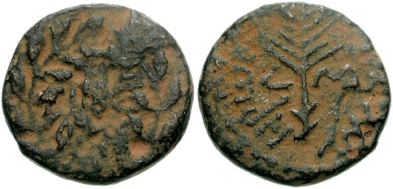 Two sides of a bronze coin, one with a palm branch